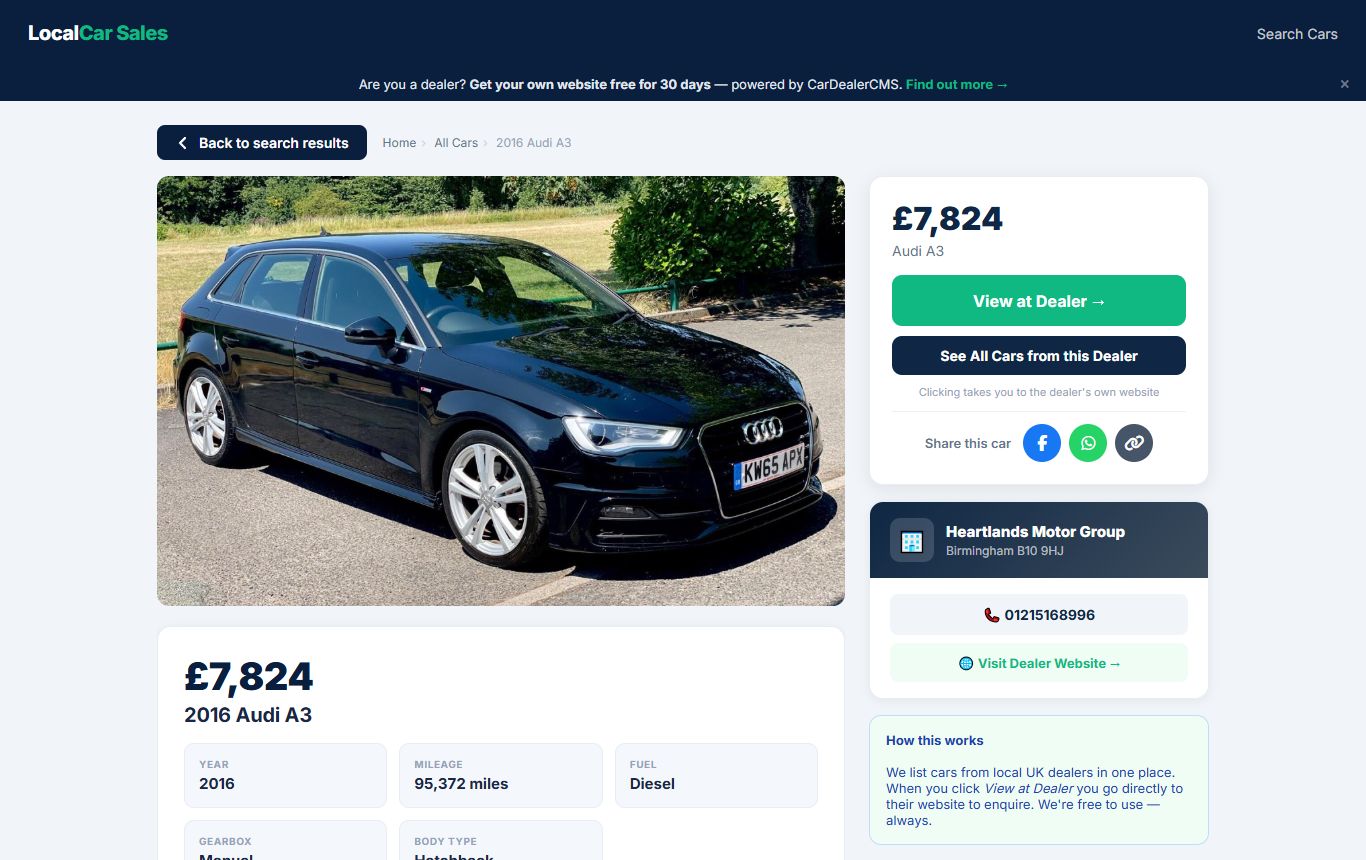 A car page — one click to the dealer